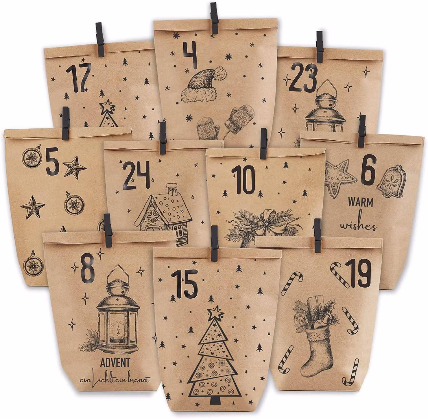 Calendario dell'Avvento da riempire: 24 sacchetti di carta a tema natalizio da riempire personalmente. Sacchetti regalo in carta kraft
