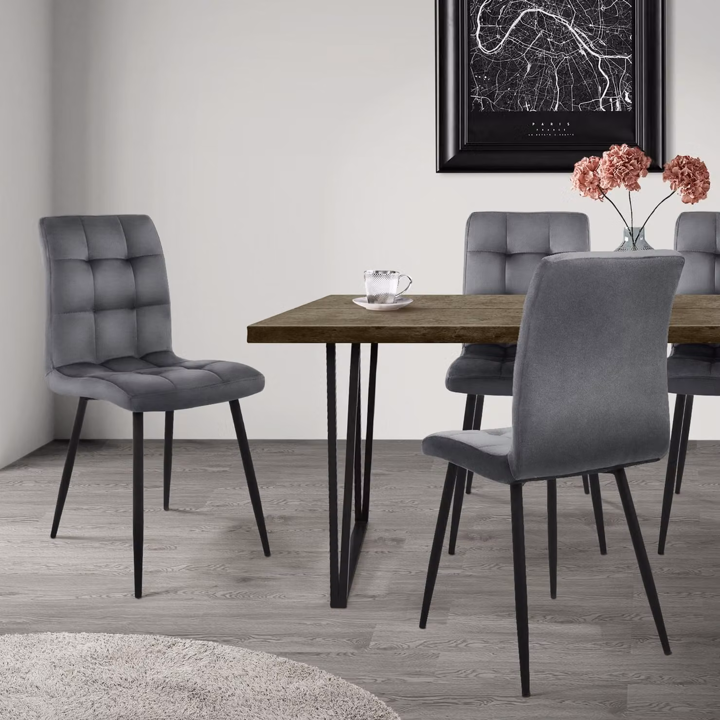 ML-Design set di 4 sedie da pranzo con schienale, antracite, in velluto
