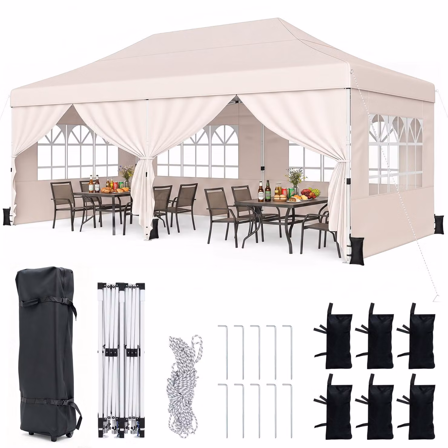 Gazebo pieghevole COSTWAY 3x6 m con 4 pareti laterali, gazebo da giardino regolabile in altezza, gazebo pop-up con 6 sacchi di sabbia e borsa con rotelle, gazebo per feste beige