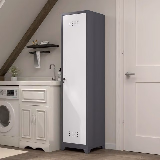 Armadio portaoggetti in metallo slim con ante chiudibili a chiave, ripiani e asta appendiabiti, h 165 cm, per cucina, dispensa, ufficio, negozio e garage