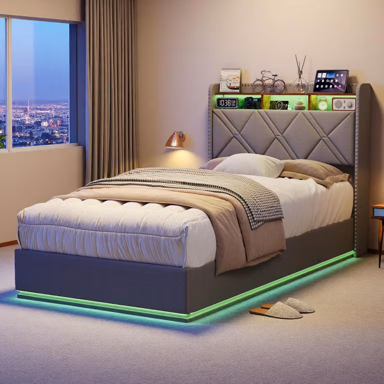 Letto imbottito UnboxG, dimensioni 90x200 cm, con contenitore, sistema di sollevamento idraulico, illuminazione LED, prese di ricarica USB e Type-C, testiera con vano portaoggetti, rivestito in lino, colore grigio