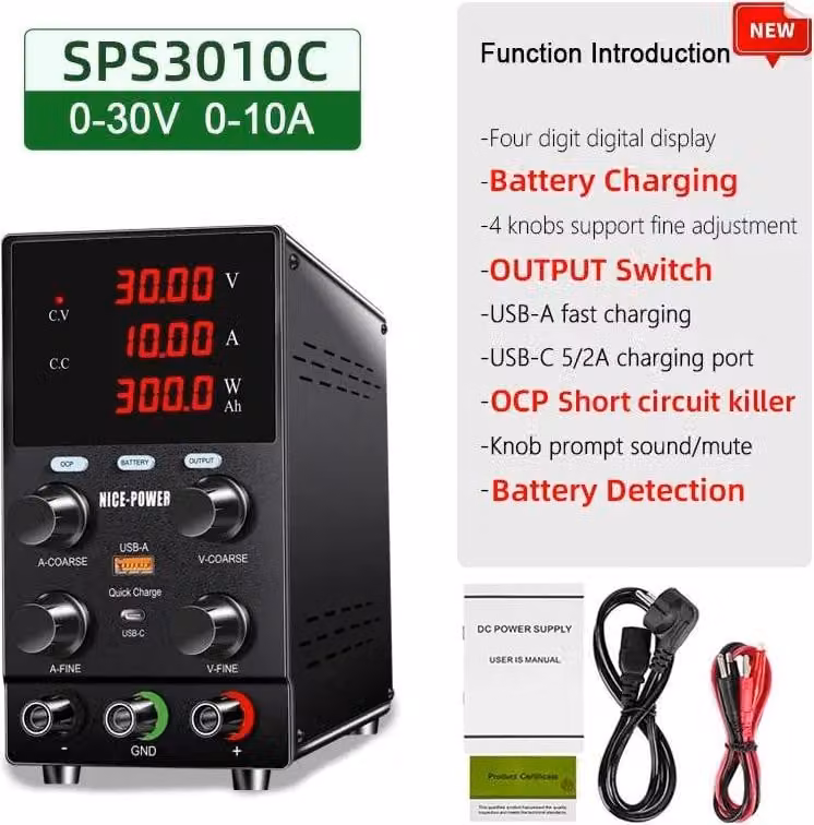 Alimentatore DC, regolabile 0-30V, corrente massima 10A, caricatore 30V10A, spina 220V EU-c