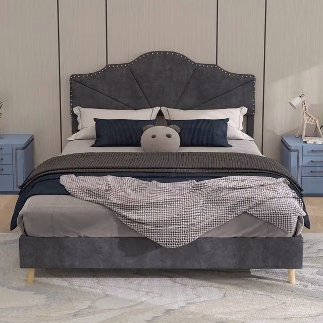 Letto imbottito Minimal con testiera geometrica Grigio L 140 cm x P 200 cm