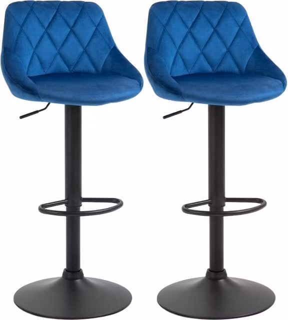 Set di 2 sgabelli da bar GIORDANOSHOP in tessuto effetto velluto blu, girevoli e moderni, L: 51,5 cm, P: 48 cm, H: 83-104 cm
