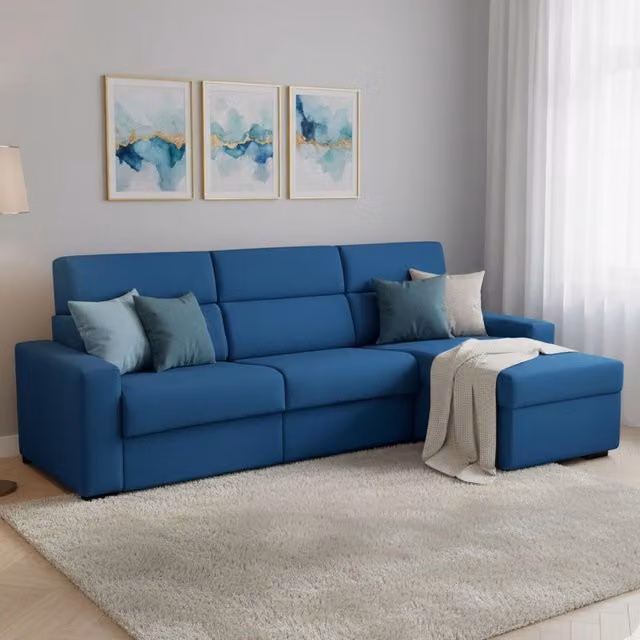 Divano Letto Celleno DMORA con Penisola Sfoderabile, Made in Italy, Blu, L/P: 280 x 160 cm – 1