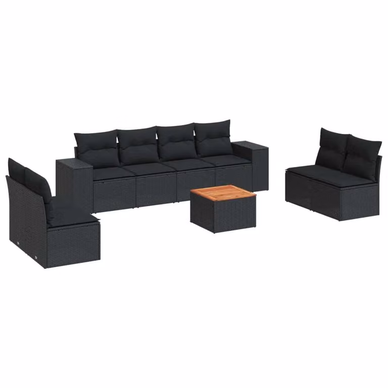 Set Divani da Giardino 9 pz con Cuscini Nero in Polyrattan