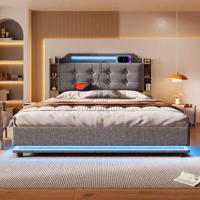 Letto imbottito 140x200 con contenitore; LED; USB e tipo C; lino grigio; senza materasso