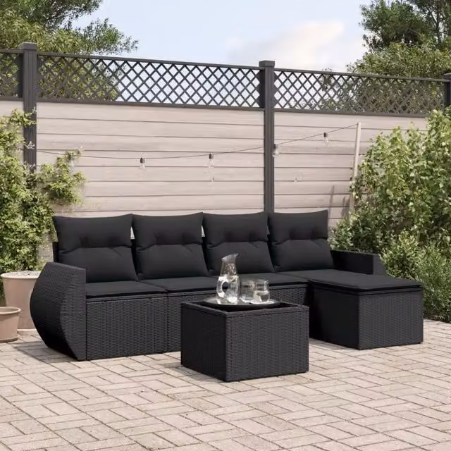 Set Divano da Giardino 6 pz con Cuscini Nero in Polyrattan 3221294