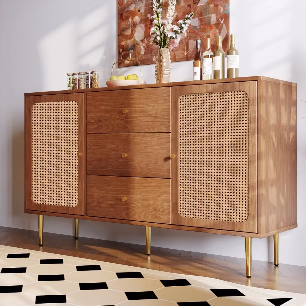 Credenza Mid Century in Legno e Metallo con 2 Ante e 3 Cassetti per Soggiorno, Camera o Sala da Pranzo, Colore Marrone e Oro, L: 150 cm, P: 40 cm, H: 90 cm – 2