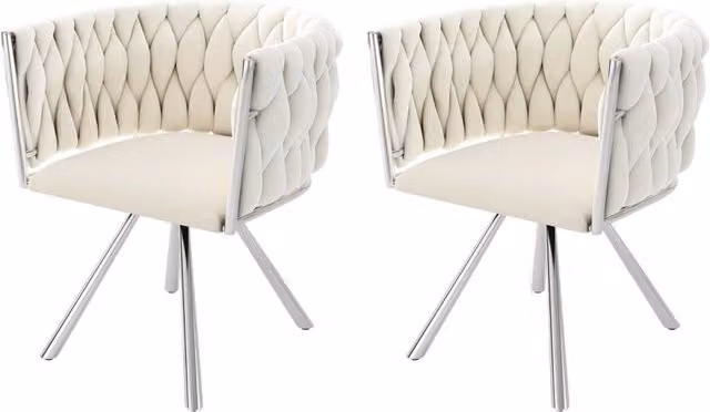 Set di 2 Sedie da Pranzo con Rivestimento in Velluto Beige, Sedia Girevole con Struttura in Metallo Argentato