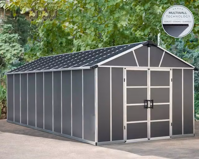Casetta da giardino moderna CANOPIA Yukon in policarbonato e acciaio zincato con doppia porta e finestra, Grigio, L: 643 cm, P: 332 cm, H: 252 cm