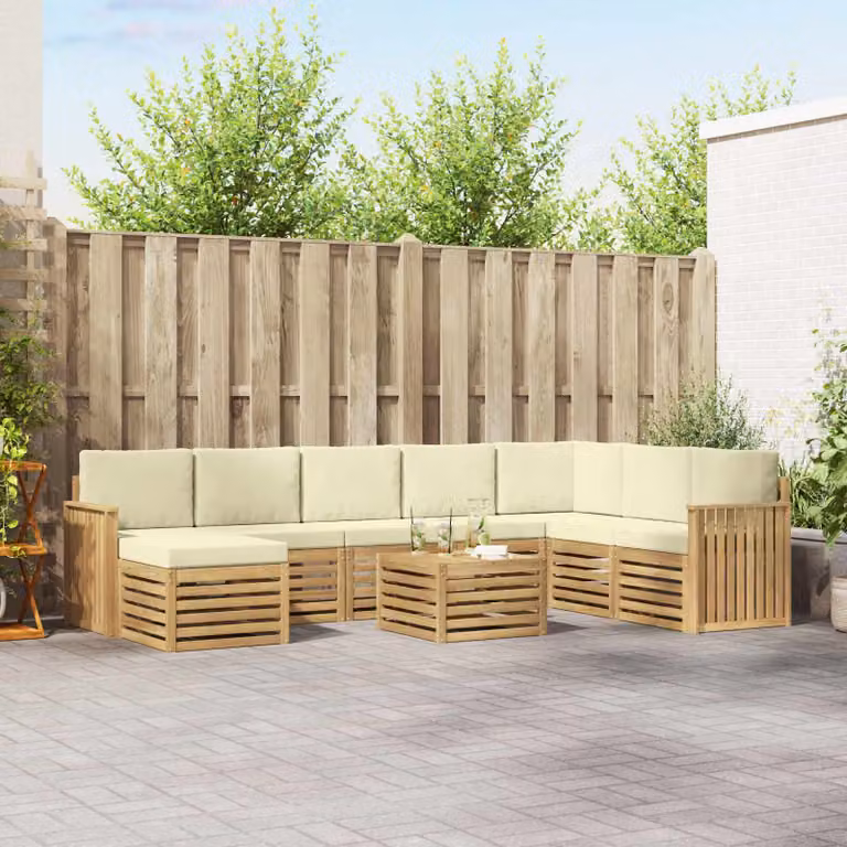 Set di divani da esterno vidaXL 9 pz in legno di acacia con cuscini bianco, beige e marrone