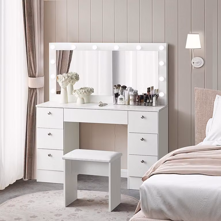 Comò da trucco con illuminazione e sgabello, dimensioni 117x40x135 cm, in MDF bianco