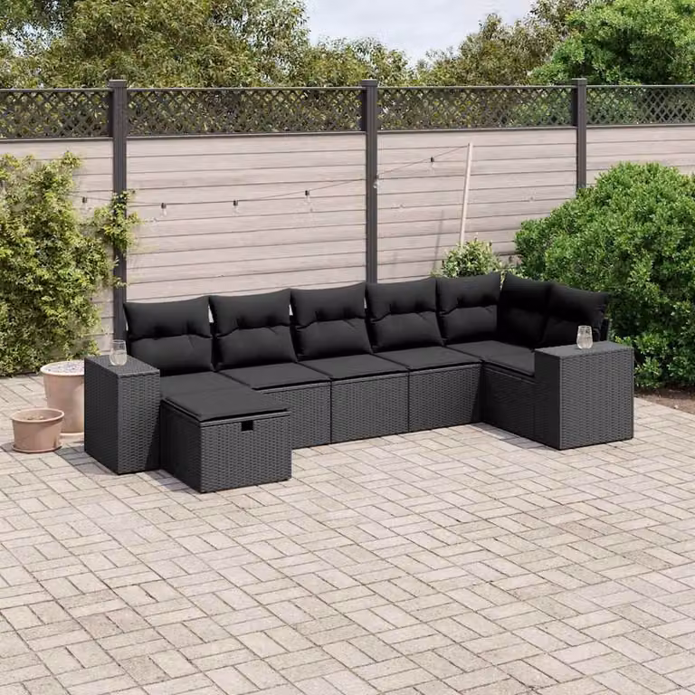 vidaXL Set Divani da Giardino a L con 7 Cuscini in Polyrattan e Acciaio Nero