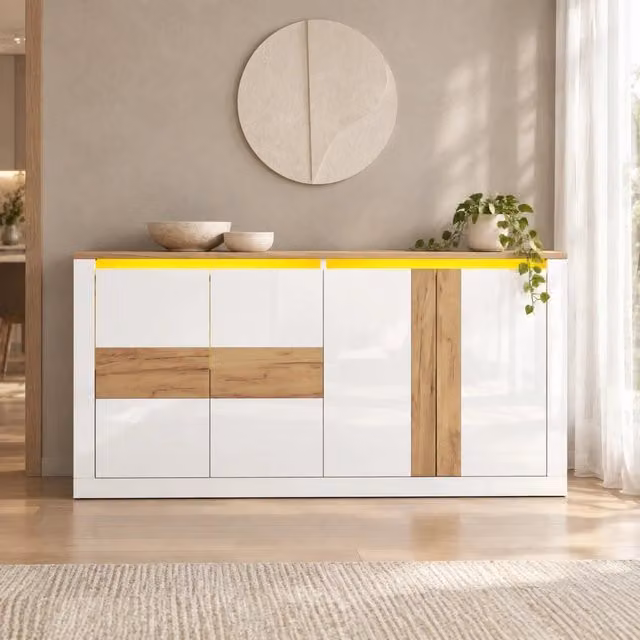 Credenza 140x35x70 cm in MDF con 4 ante bianco lucido e finiture effetto quercia, illuminazione LED RGB controllabile via app e comandi vocali