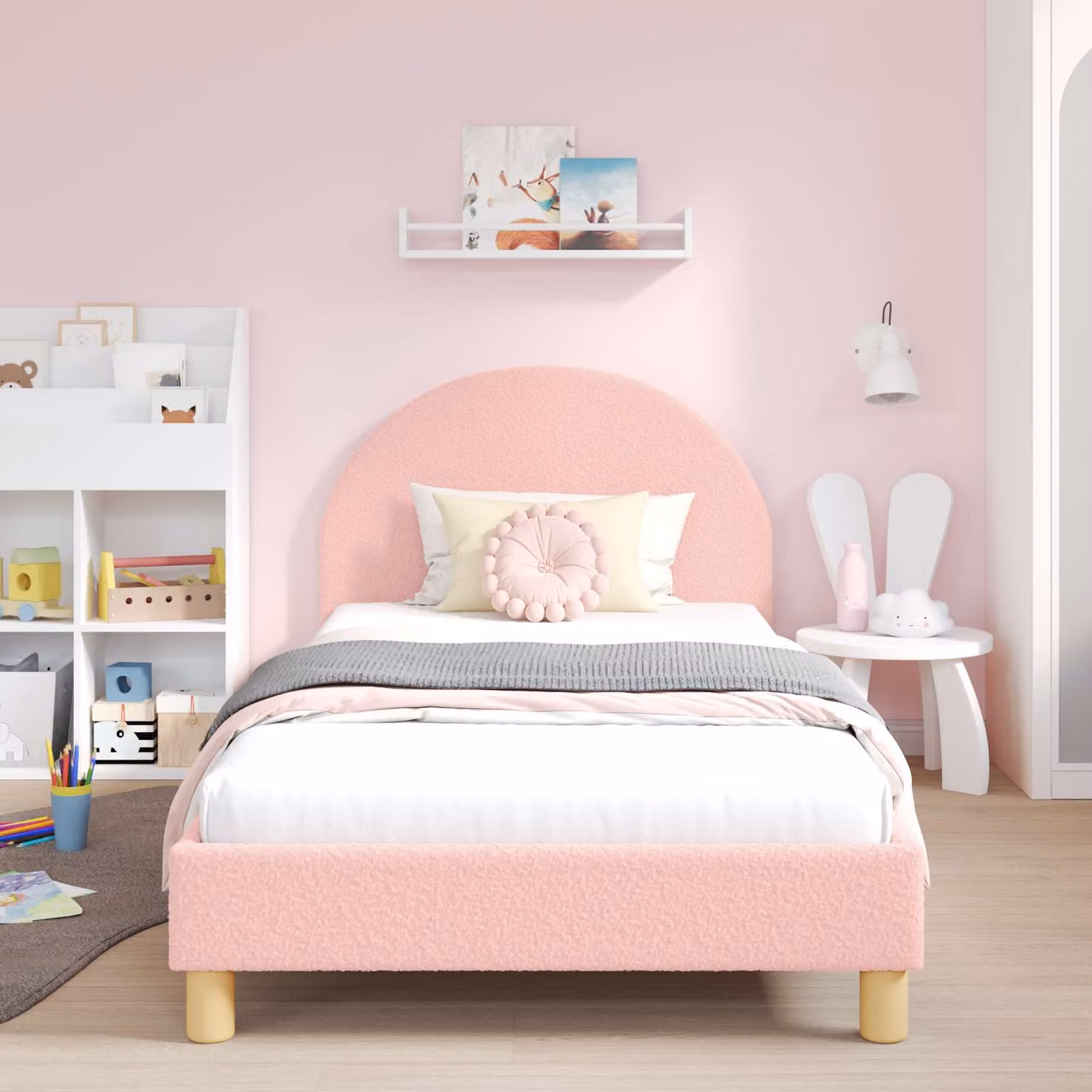 vidaXL Struttura letto per bambini con testata in tessuto bouclé rosa, L/P/H: 190 x 90 x 85 cm
