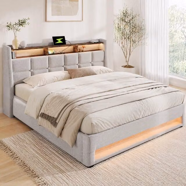 Letto imbottito ULEVR 160x200 cm con contenitore a gas, LED e 2 USB, rivestimento in lino beige chiaro