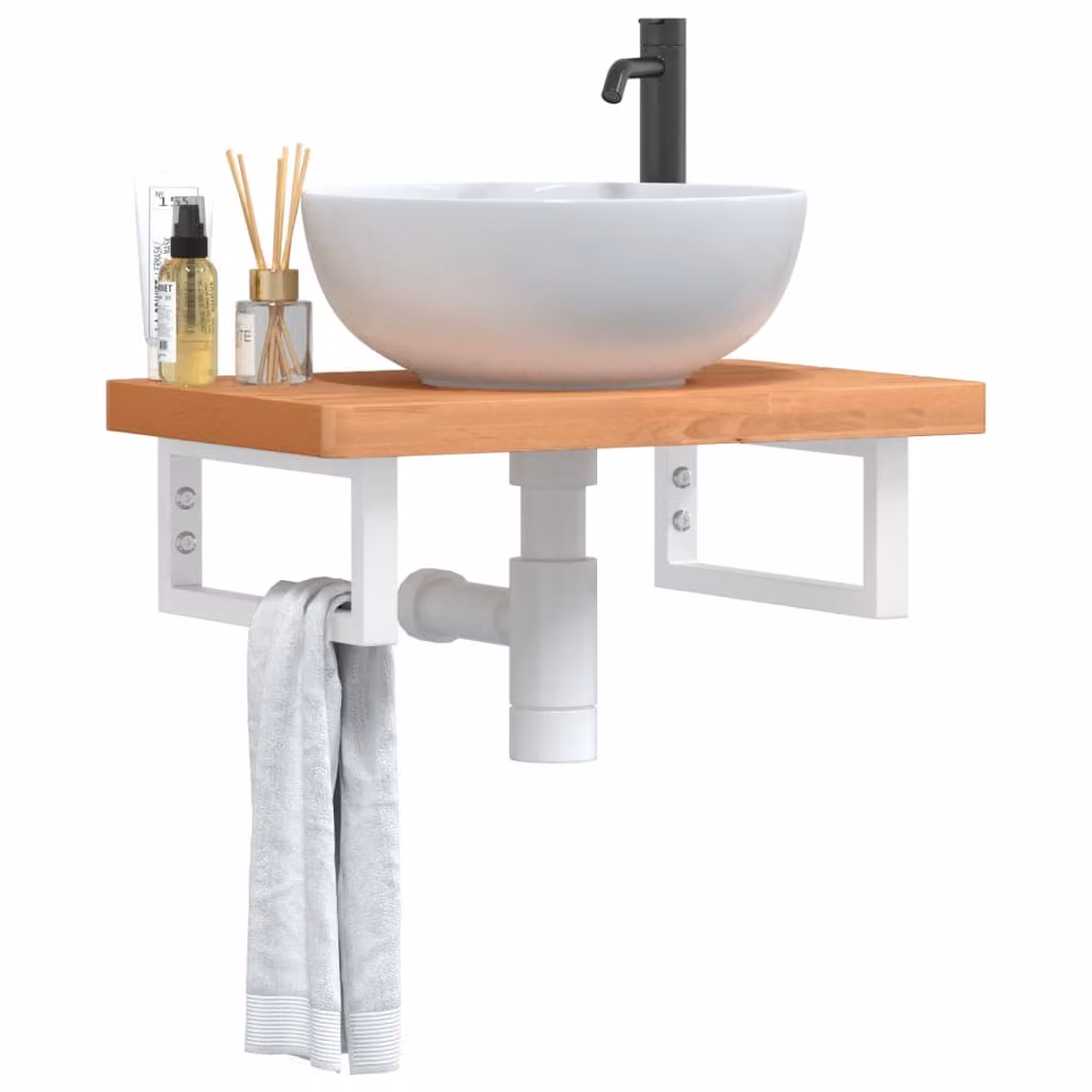 vidaXL Ripiano da parete per lavabo in legno di faggio e metallo bianco, L: 60 cm, P: 40 cm, H: 19 cm