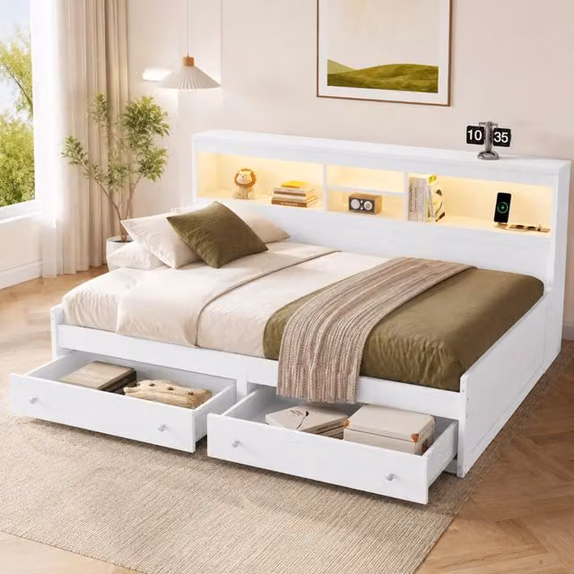 Letto giorno bianco 90x200 cm con divano letto, 2 USB, luce d'ambiente e due cassetti, struttura in truciolato e MDF