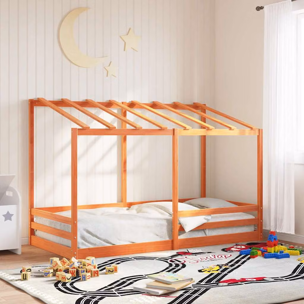 Letto per bambini vidaXL con tetto in legno di pino massello, colore marrone cera, L 200 x P 80 cm