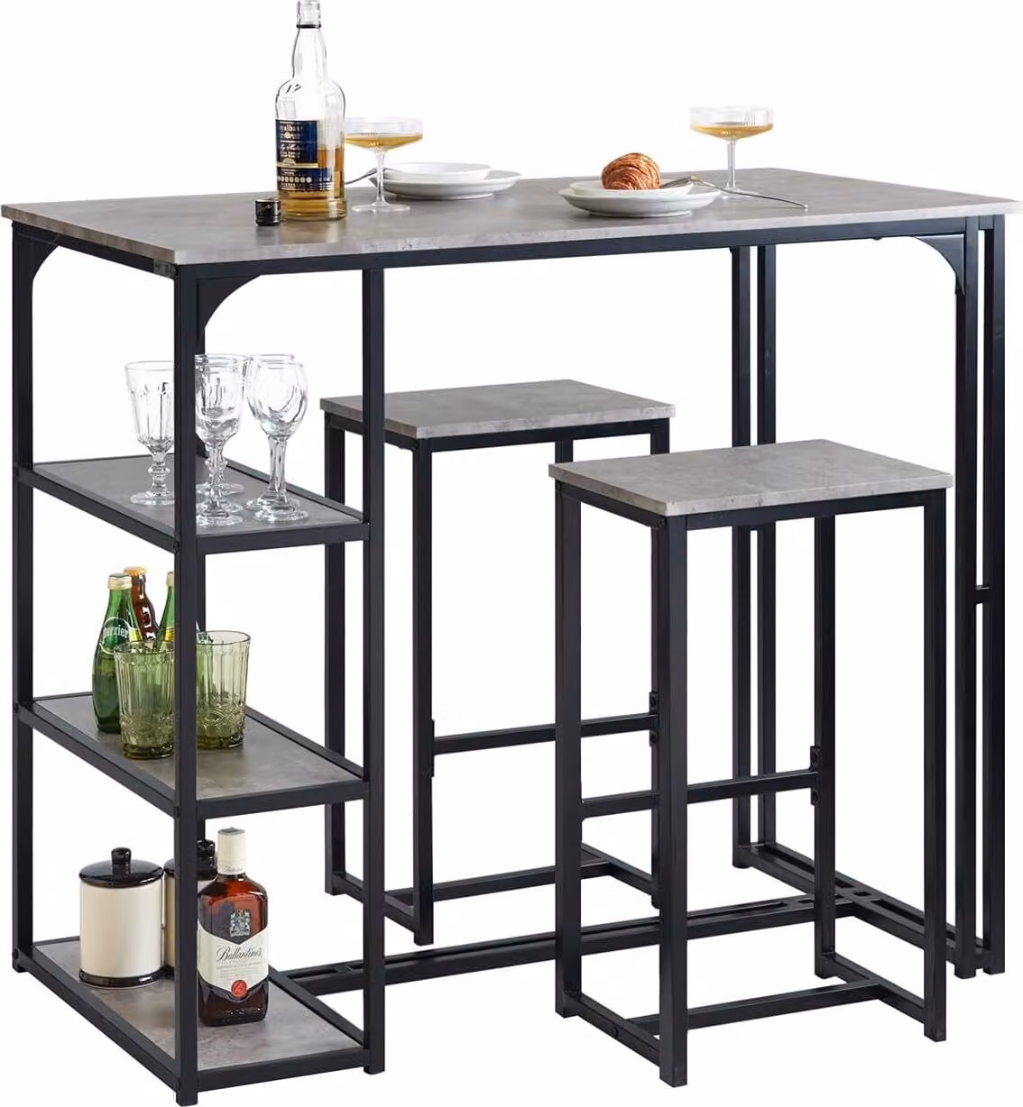 SoBuy set di tavolo e 2 sgabelli da bar, sgabelli da bar + sedie da bar, tavolo da bistrot, set da bar, set da bar, seggiolone per balcone, cucina e sala da pranzo, grigio