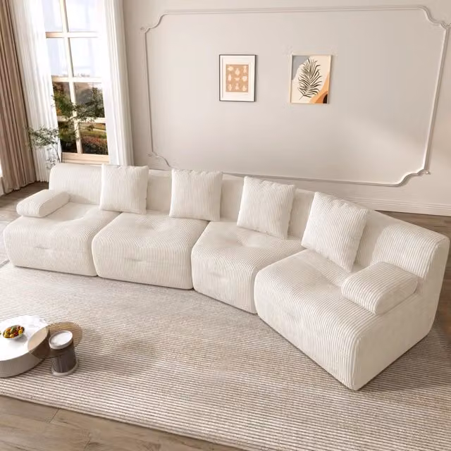 Divano modulare 4 posti in velluto a coste beige chiaro 311x90 cm HOMVRA