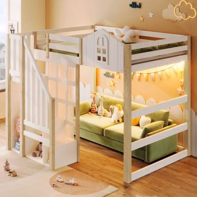 Letto a soppalco 140 × 200 cm con LED, scala contenitore, vano aperto e zanzariera, senza materasso