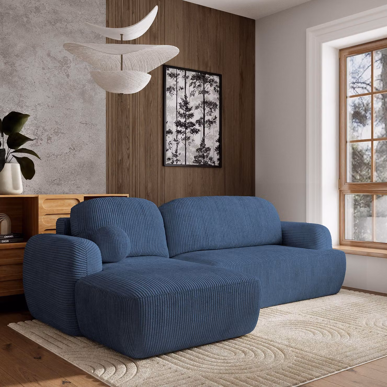 Divano angolare Masseno MODENZA P L-S con funzione letto a L, divano con box letto, divano da soggiorno, divano, divano letto, set divano - blu, POSO 05