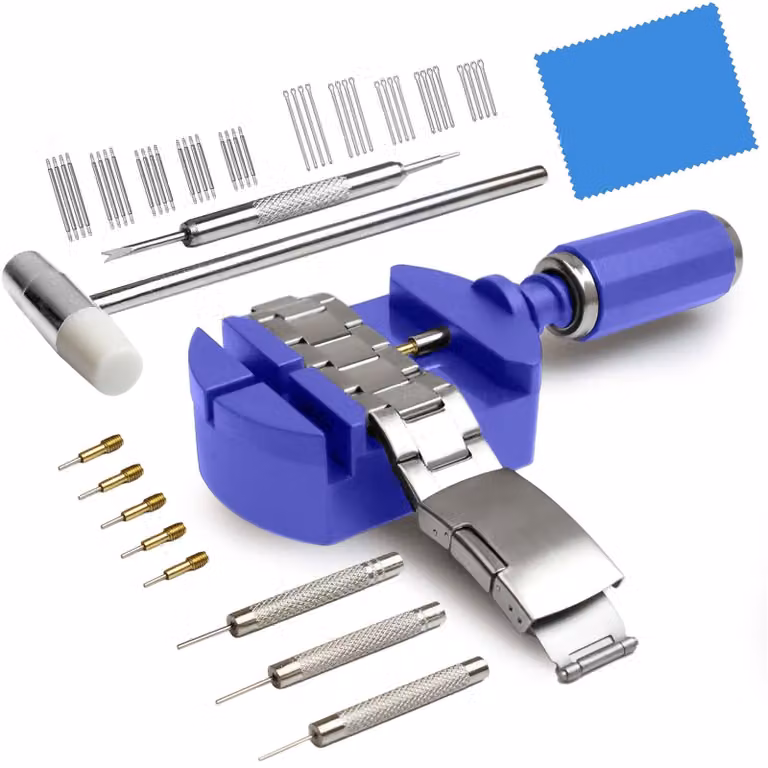 Set per accorciare cinturini di orologi, con rimozione delle maglie, inclusi martello e strumento per le barre a molla, per cinturini di orologi