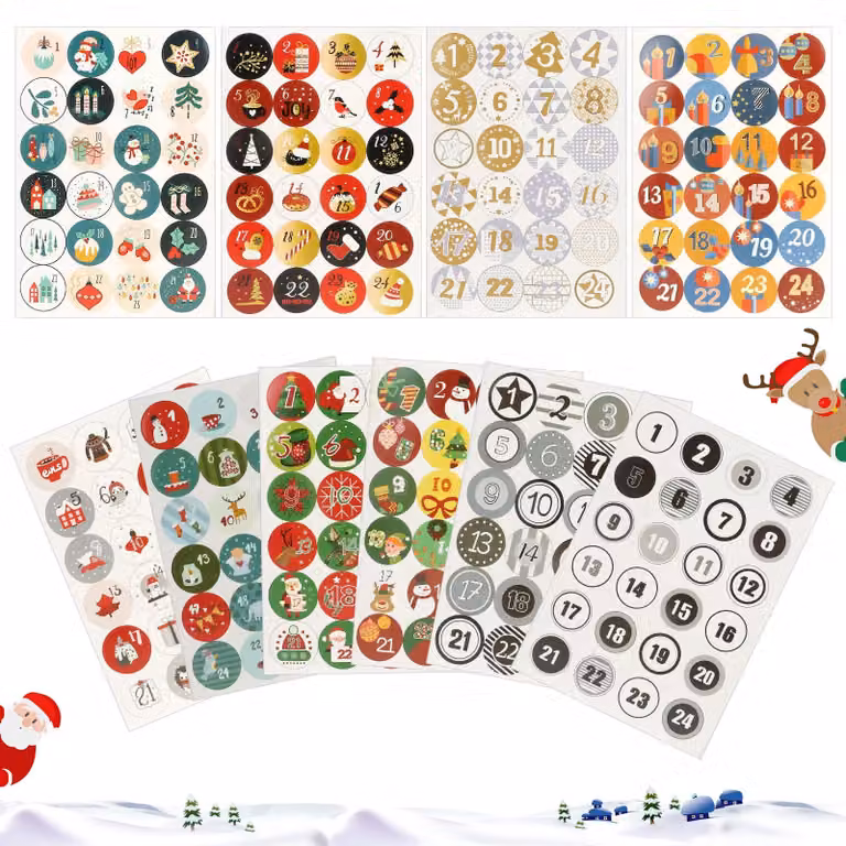 Adesivi per calendario dell'Avvento, 10 fogli, numeri da 1 a 24, forma rotonda, per decorazioni fai-da-te