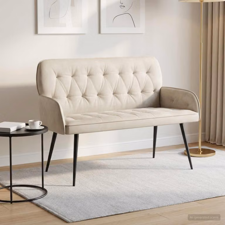 Divano a 2 posti vidaXL in velluto beige con gambe in metallo e legno per soggiorno o camera da letto L: 115 cm, P: 86 cm, H: 58 cm
