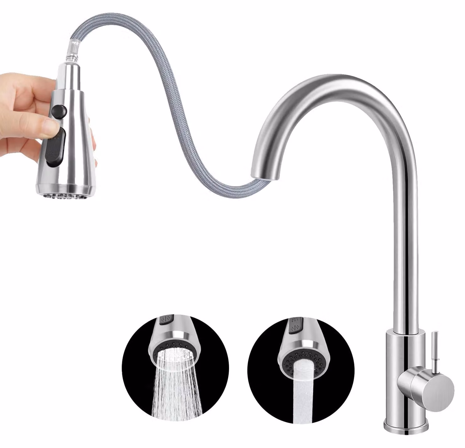 Rubinetto da cucina, doccetta estraibile, orientabile a 360°, argento