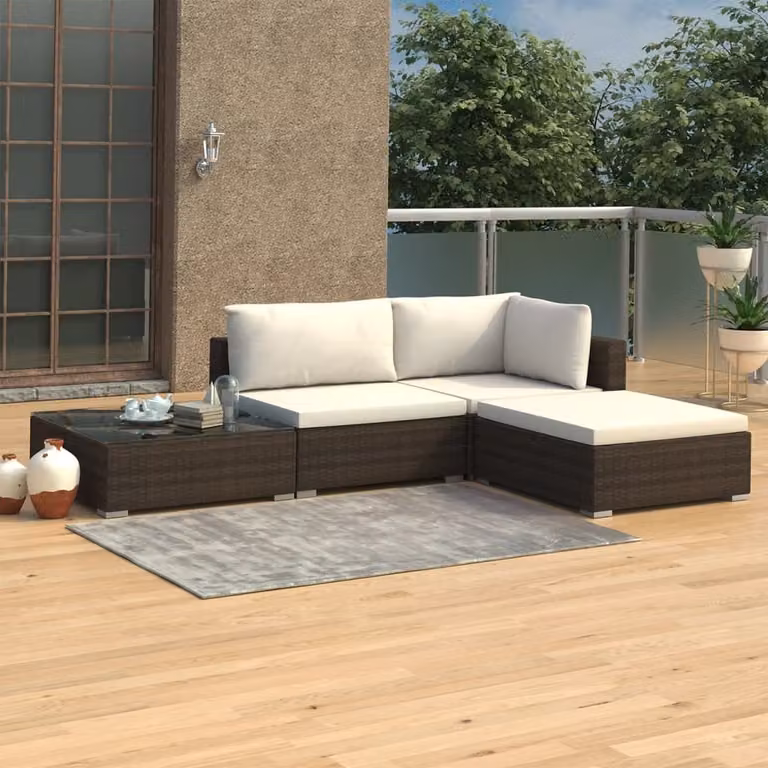 The Living Store Set salotto da giardino 4 pezzi con cuscini in poly rattan marrone