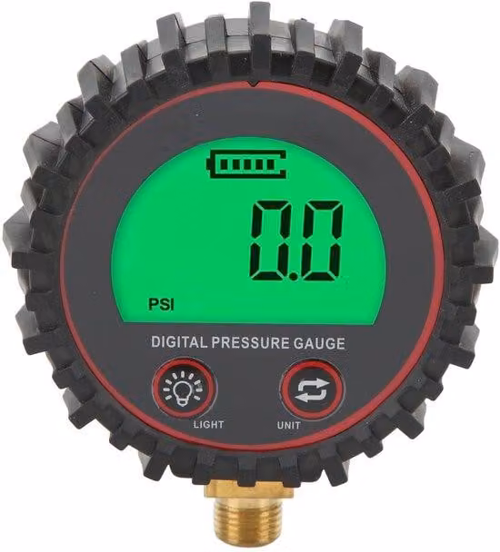 Manometro digitale con ampio display LCD, realizzato in ABS/rame, con intervallo di misurazione regolabile da 3 a 255 PSI