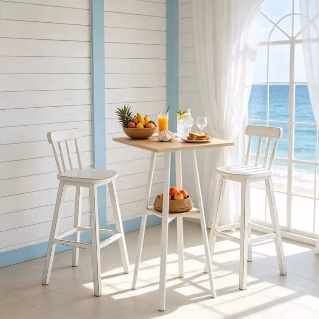 Desviae Tavolo da bar quadrato con ripiano inferiore in legno melaminico naturale e metallo bianco per cucina 55 × 55 × 95 cm