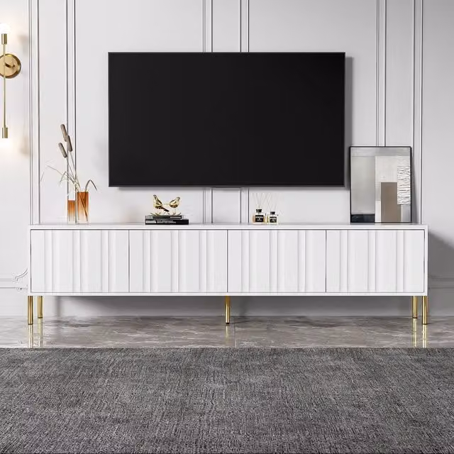 Meuble TV design de porte rainur?? - Xylo - 190x38x48 cm - Blanc - Pieds de table dor??s