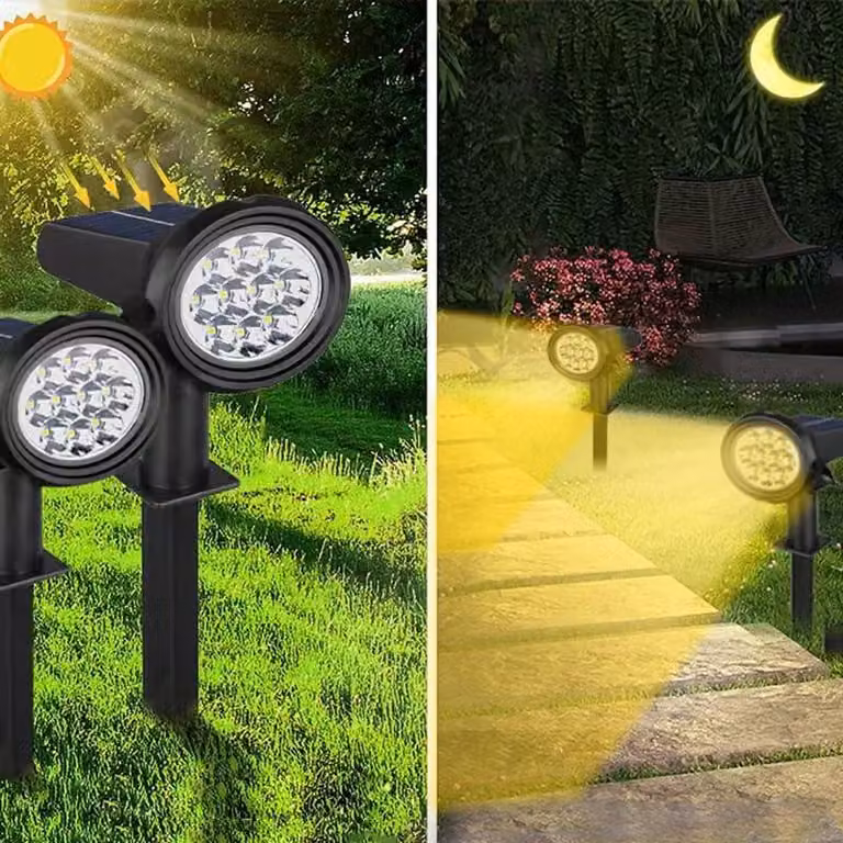 Confezione da 2 faretti solari a LED, luce calda, 3 modalità, con picchetto da terra