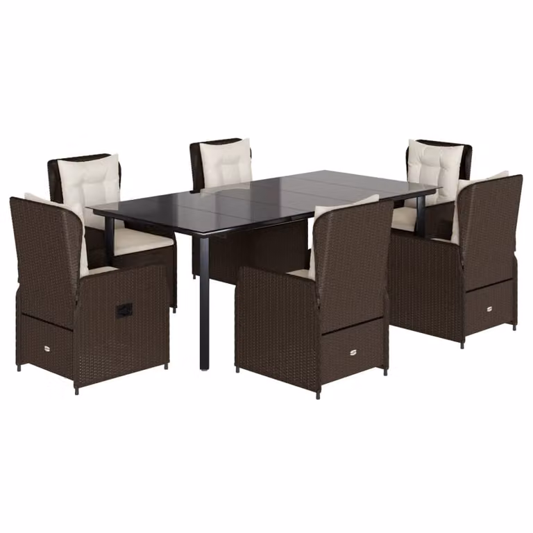 Set da Pranzo da Giardino 7pz con Cuscini in Polyrattan Marrone