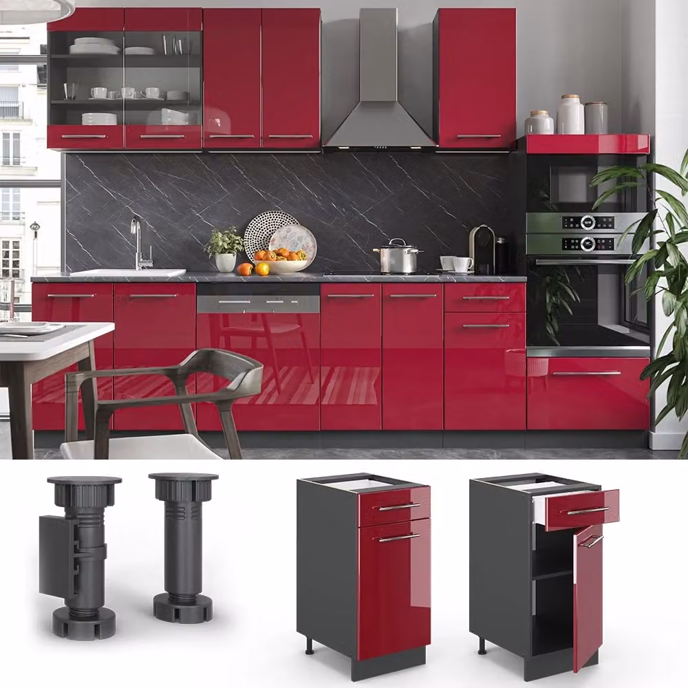 Mobiletto base per cucina Vicco Fame-Line Bordeaux lucido e Antracite con Rovere L/P/H: 40 x 60 x 82 cm – 2