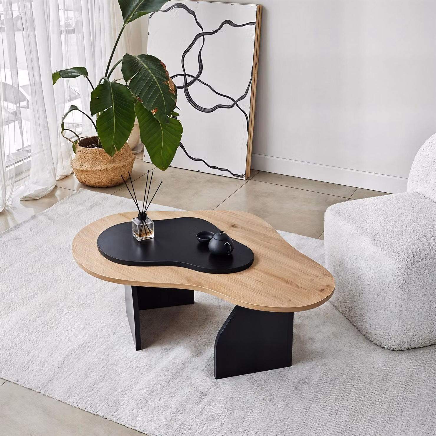 Skye Decor, Melted - Sapphire Oak, Black, tavolino, pannelli truciolari rivestiti al 100% in melamina, rovere zaffiro, 105 x 65 x 35 cm