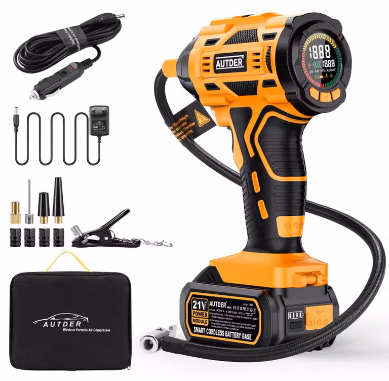 Compressore d'aria portatile wireless - 21V - 180 Watt di potenza - Pressione massima di esercizio: 12,4 bar - Adatto per auto e biciclette - Compressore di emergenza