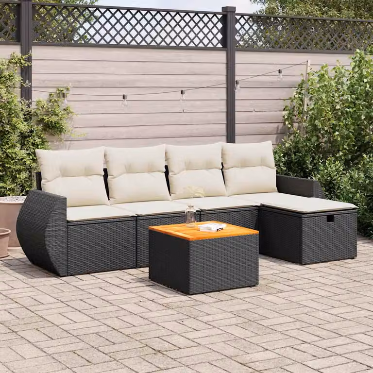 Set Divano da Giardino vidaXL 6 pz in Polyrattan con Cuscini e Tavolino, Design Moderno a L, Nero