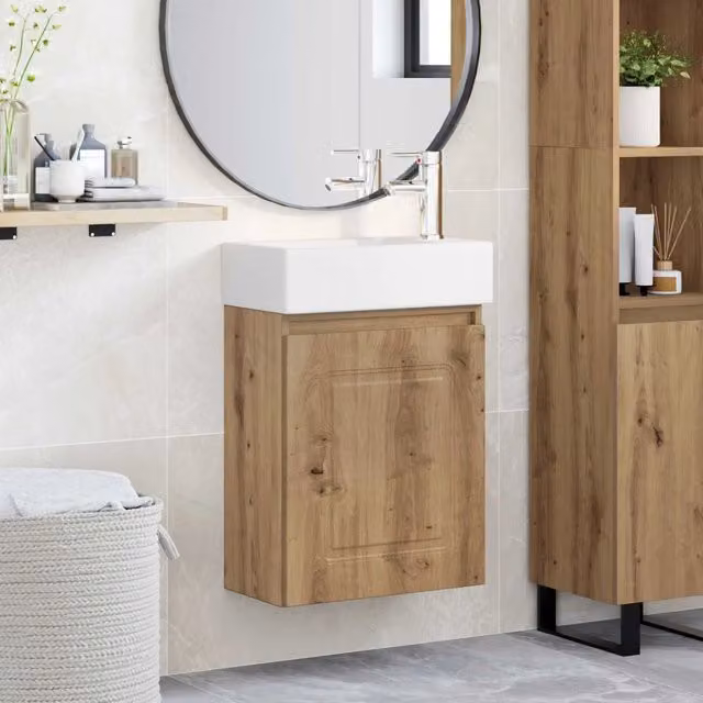 Mobile bagno moderno vidaXL in legno e MDF con ante a battente, colore rovere e bianco, sospeso