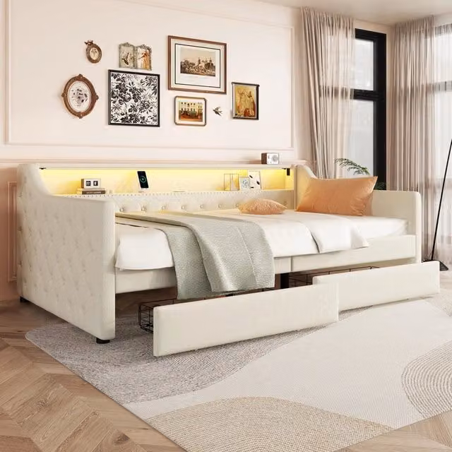 Daybed 90x200; LED telecomando; 2 cassetti per il deposito; porta USB; lino; beige