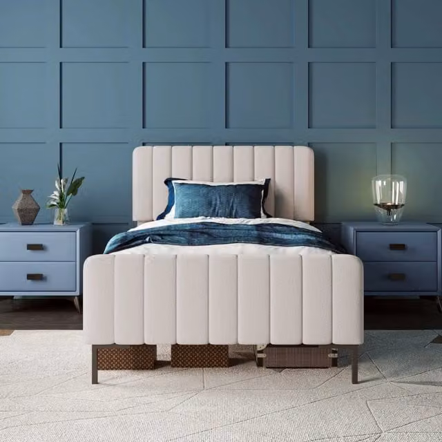 Letto imbottito singolo 90x200 con rete a doghe e testiera regolabile; lino grigio-beige