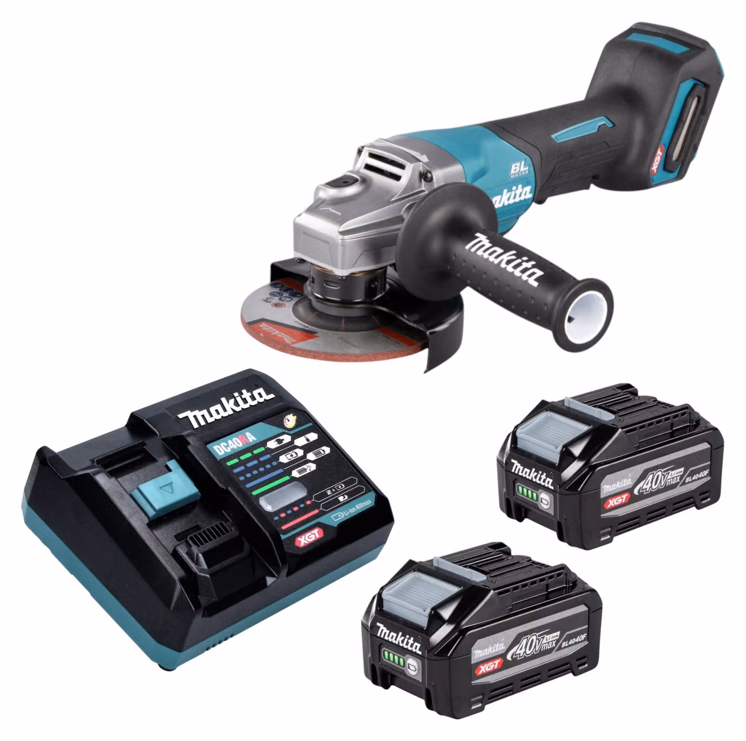 Smerigliatrice angolare a batteria Makita GA 016 GU201 40 V max. 125 mm Brushless + 2 batterie da 4,0 Ah + caricabatterie