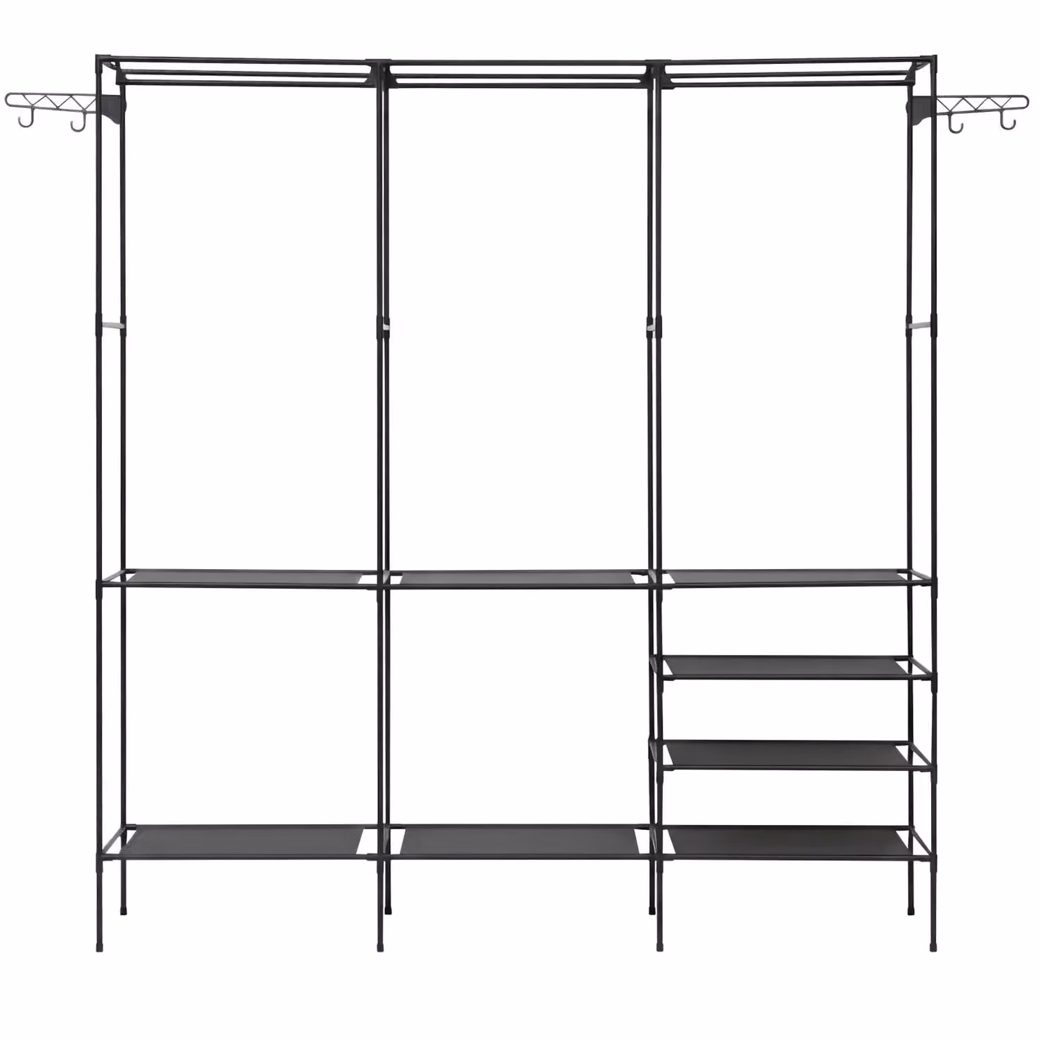 VESTIAMO CASA Stand Appendiabiti Multifunzione in Metallo Nero Opaco con 4 Ganci e Stendibiancheria - H: 170 cm, L: 160 cm, P: 36 cm