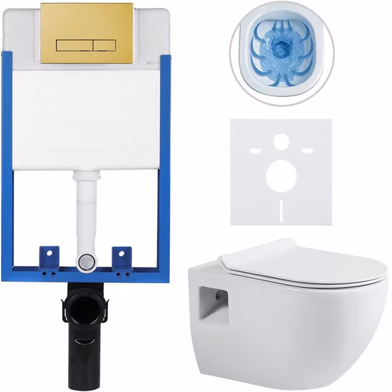 Set completo per WC sospeso Lite/Dure - bianco lucido - pulsante per WC Slim, dorato - da incasso - 51x35 cm