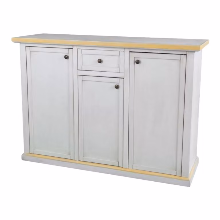 Credenza Mobili 2G con 3 porte e 1 cassetto in stile shabby chic, colore bianco anticato con dettagli ocra, L: 120 cm, P: 39 cm, H: 85 cm