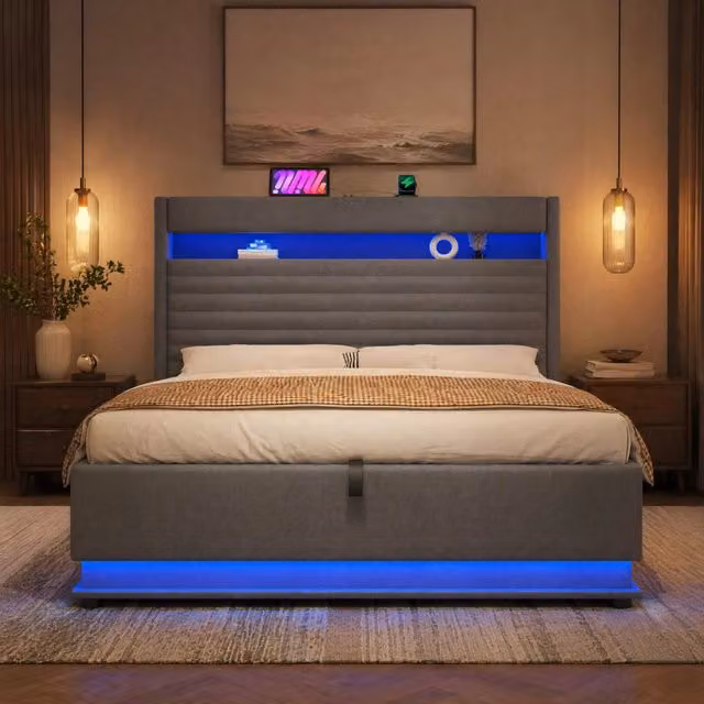 Letto Contenitore REDOM in Tessuto Grigio con Illuminazione LED, Porta USB-C e Ripiano Integrato, L/P: 140 x 200 cm